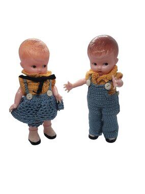 Vintage 1950s Knickerbocker Celluloid Plastic Dolls Crochet Outfits Kewpie Pair
